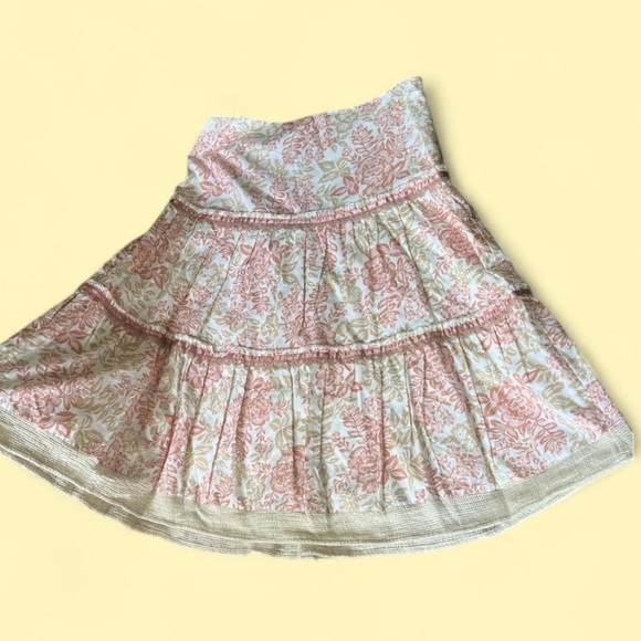 NWOT RARE Country Door A-Line Midi Skirt - Pink and Cream Floral W/Tiers &Burlap